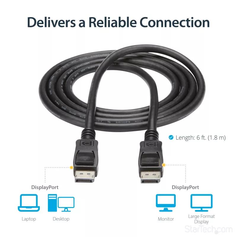 Kabel StarTech.com DisplayPort 1.2 1,8 m (2 m) – 4K x 2K Ultra HD z certyfikatem VESA – kabel DP do DP do monitora – przewód wideo/wyświetlacza DP – zatrzaskowe złącza DP