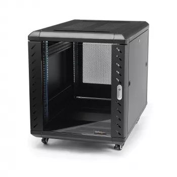 StarTech.com 4-słupkowa szafa rack 12U do serwerów, zamykana 19-calowa szafa do przechowywania danych dla sprzętu komputerowego / AV / IT, szafa sieciowa do biura / domu z kółkami i regulowanymi szynami montażowymi