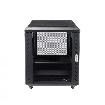 StarTech.com 4-słupkowa szafa rack 12U do serwerów, zamykana 19-calowa szafa do przechowywania danych dla sprzętu komputerowego / AV / IT, szafa sieciowa do biura / domu z kółkami i regulowanymi szynami montażowymi