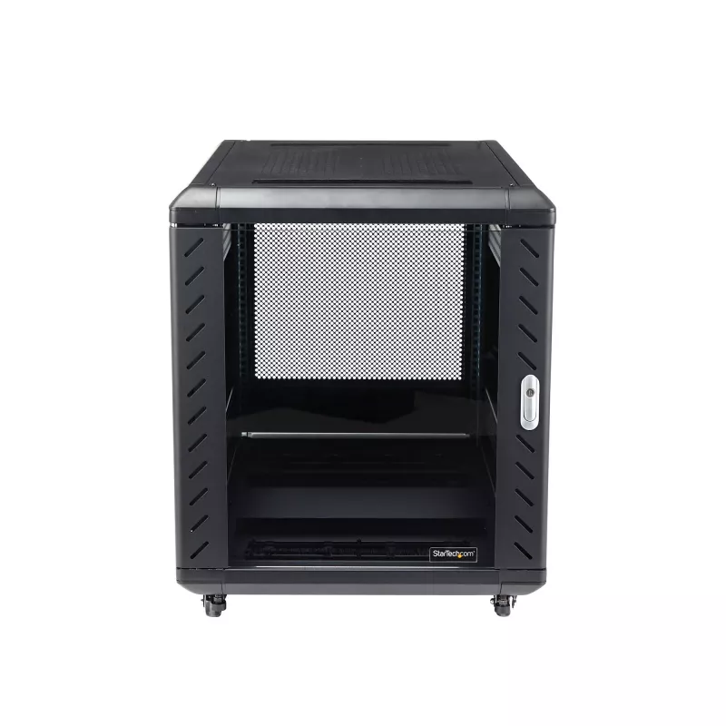 StarTech.com 4-słupkowa szafa rack 12U do serwerów, zamykana 19-calowa szafa do przechowywania danych dla sprzętu komputerowego / AV / IT, szafa sieciowa do biura / domu z kółkami i regulowanymi szynami montażowymi