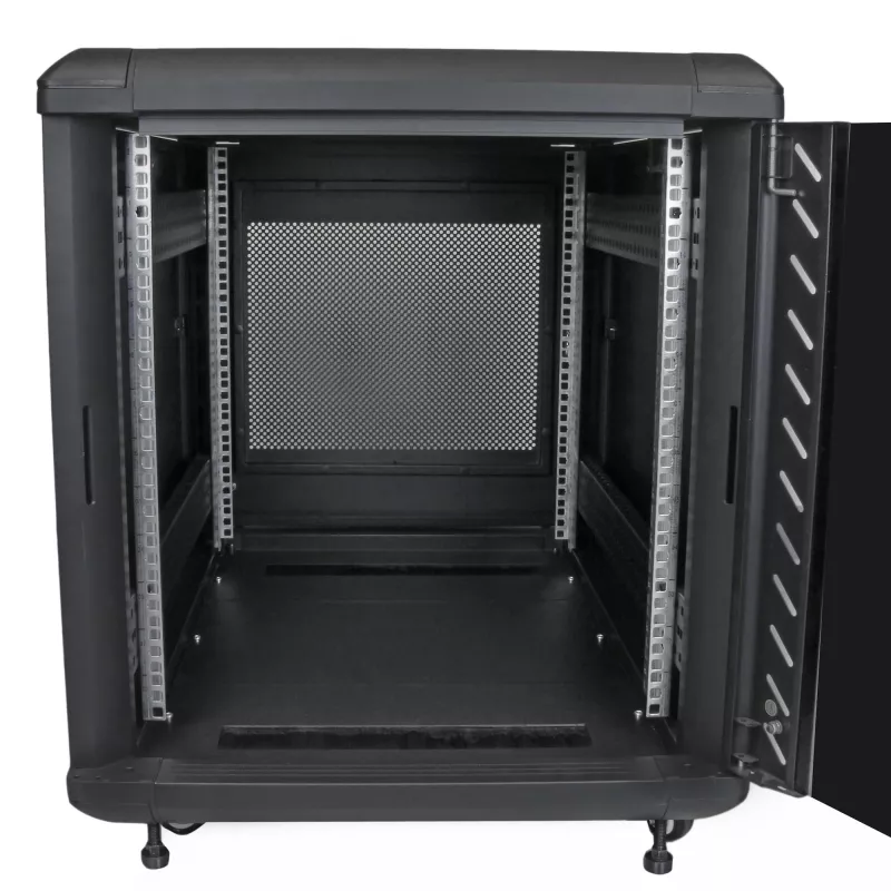 StarTech.com 4-słupkowa szafa rack 12U do serwerów, zamykana 19-calowa szafa do przechowywania danych dla sprzętu komputerowego / AV / IT, szafa sieciowa do biura / domu z kółkami i regulowanymi szynami montażowymi
