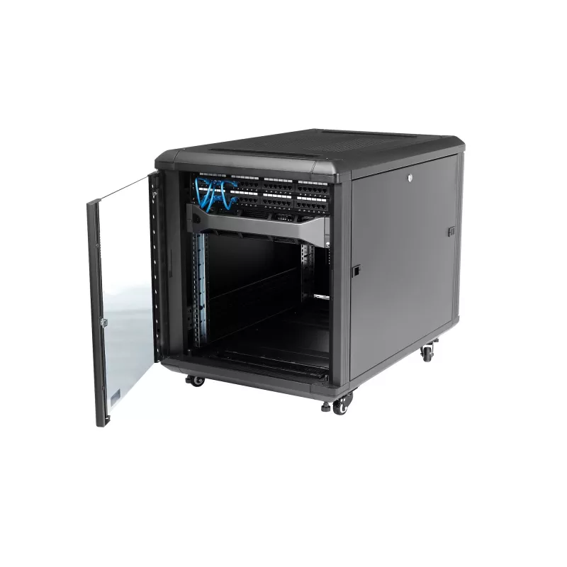StarTech.com 4-słupkowa szafa rack 12U do serwerów, zamykana 19-calowa szafa do przechowywania danych dla sprzętu komputerowego / AV / IT, szafa sieciowa do biura / domu z kółkami i regulowanymi szynami montażowymi