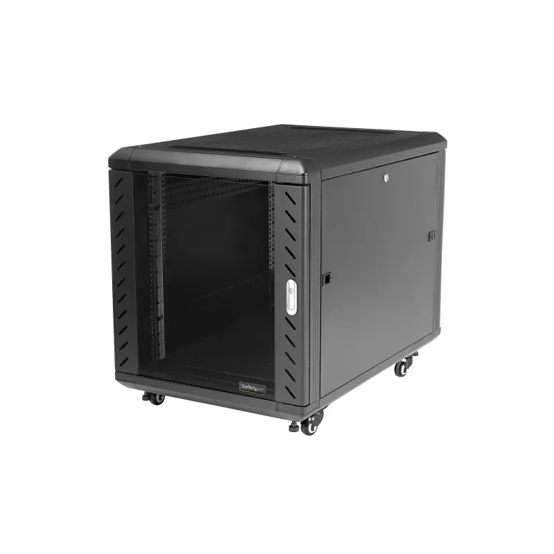 StarTech.com 4-słupkowa szafa rack 12U do serwerów, zamykana 19-calowa szafa do przechowywania danych dla sprzętu komputerowego / AV / IT, szafa sieciowa do biura / domu z kółkami i regulowanymi szynami montażowymi