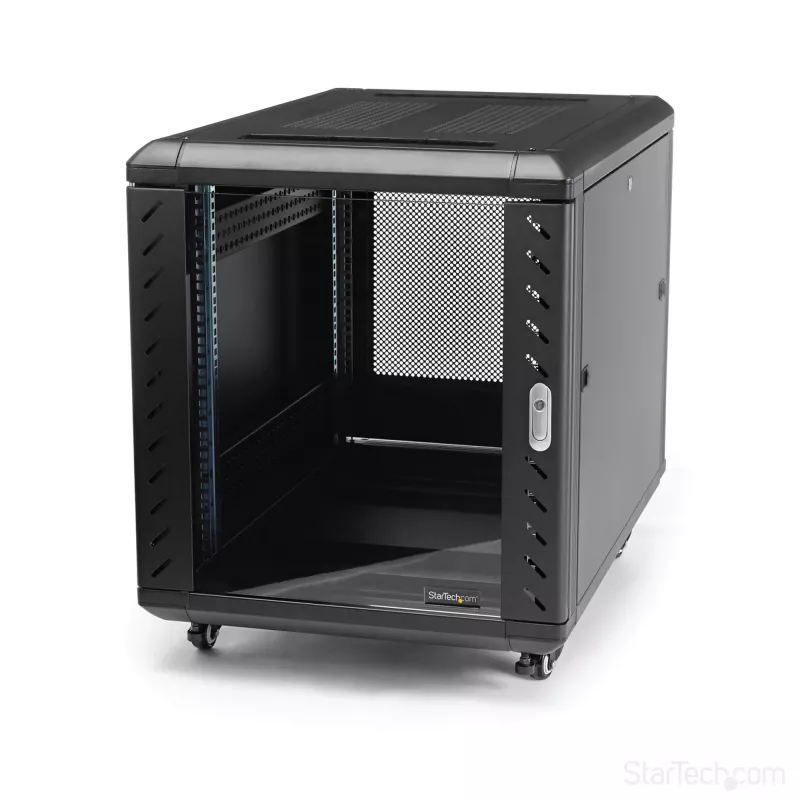 StarTech.com 4-słupkowa szafa rack 12U do serwerów, zamykana 19-calowa szafa do przechowywania danych dla sprzętu komputerowego / AV / IT, szafa sieciowa do biura / domu z kółkami i regulowanymi szynami montażowymi