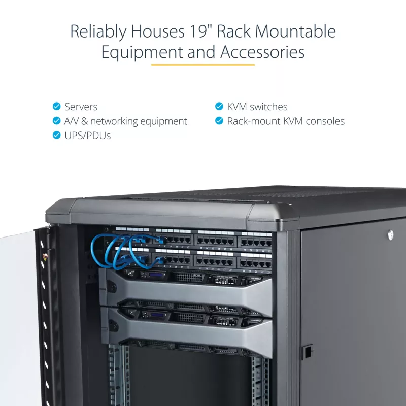 StarTech.com 4-słupkowa szafa rack 12U do serwerów, zamykana 19-calowa szafa do przechowywania danych dla sprzętu komputerowego / AV / IT, szafa sieciowa do biura / domu z kółkami i regulowanymi szynami montażowymi
