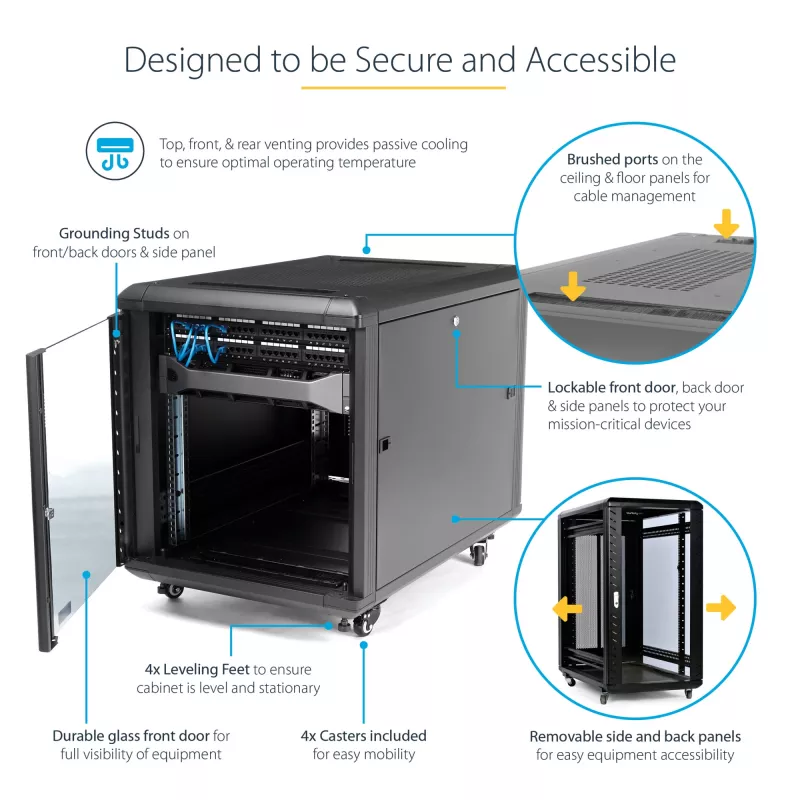 StarTech.com 4-słupkowa szafa rack 12U do serwerów, zamykana 19-calowa szafa do przechowywania danych dla sprzętu komputerowego / AV / IT, szafa sieciowa do biura / domu z kółkami i regulowanymi szynami montażowymi