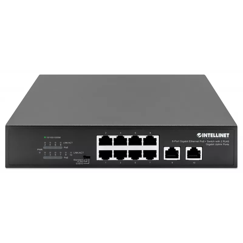 Intellinet 8-portowy gigabitowy przełącznik Ethernet PoE+ z 2 portami uplink o mocy 120 W