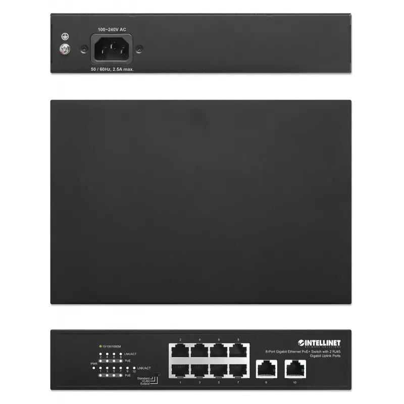 Intellinet 8-portowy gigabitowy przełącznik Ethernet PoE+ z 2 portami uplink o mocy 120 W