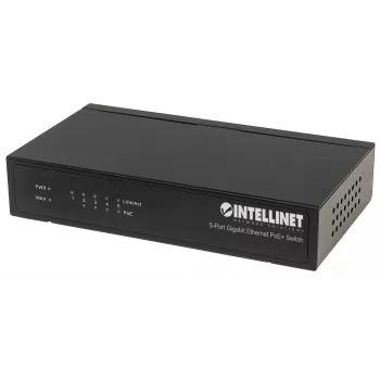 Intellinet 5-portowy przełącznik Gigabit Ethernet PoE+, 4 porty PSE, zgodny z IEEE 802.3at/af (PoE+/PoE), 60 W, biurkowy