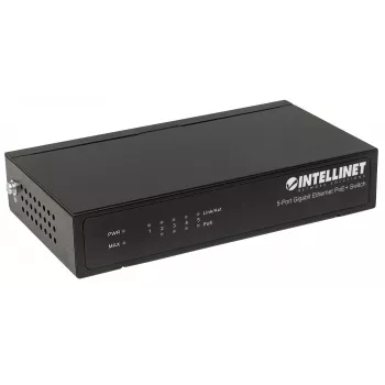 Intellinet 5-portowy przełącznik Gigabit Ethernet PoE+, 4 porty PSE, zgodny z IEEE 802.3at/af (PoE+/PoE), 60 W, biurkowy