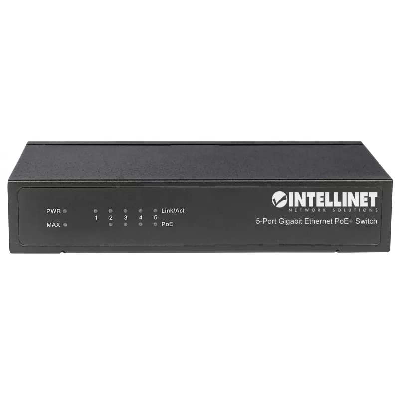 Intellinet 5-portowy przełącznik Gigabit Ethernet PoE+, 4 porty PSE, zgodny z IEEE 802.3at/af (PoE+/PoE), 60 W, biurkowy