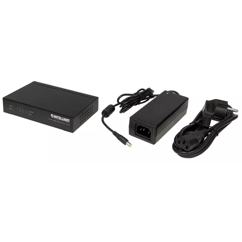 Intellinet 5-portowy przełącznik Gigabit Ethernet PoE+, 4 porty PSE, zgodny z IEEE 802.3at/af (PoE+/PoE), 60 W, biurkowy
