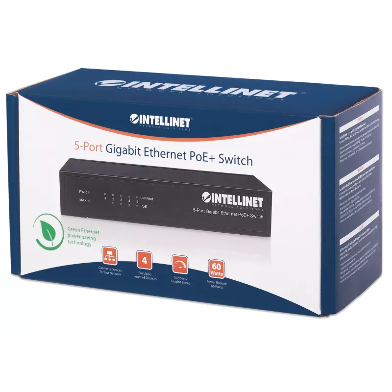 Intellinet 5-portowy przełącznik Gigabit Ethernet PoE+, 4 porty PSE, zgodny z IEEE 802.3at/af (PoE+/PoE), 60 W, biurkowy