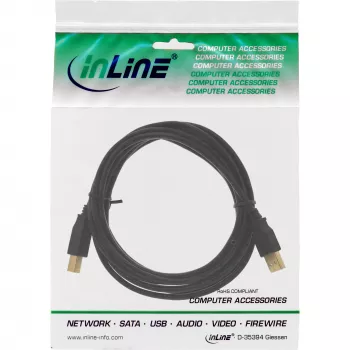 Kabel USB 2.0 wtyk Typ A męski / gniazdo Typ B żeński czarny pozłacany 0,3 m InLine 34503S