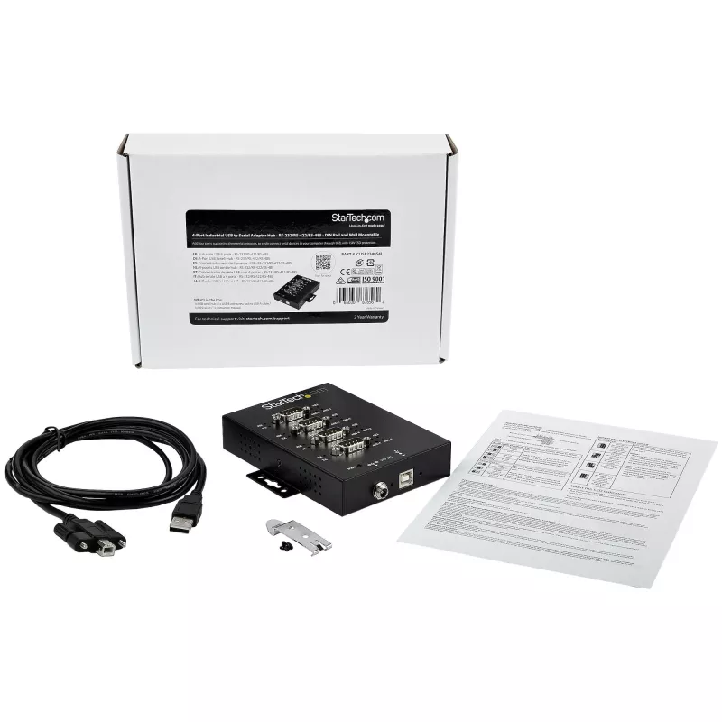 StarTech.com 4-portowy koncentrator szeregowy USB do RS232/RS485/RS422 – przemysłowy konwerter szeregowy USB 2.0 na DB9 – stopień ochrony IP30 – metalowy koncentrator szeregowy do montażu na szynie DIN – ochrona ESD 15 kV