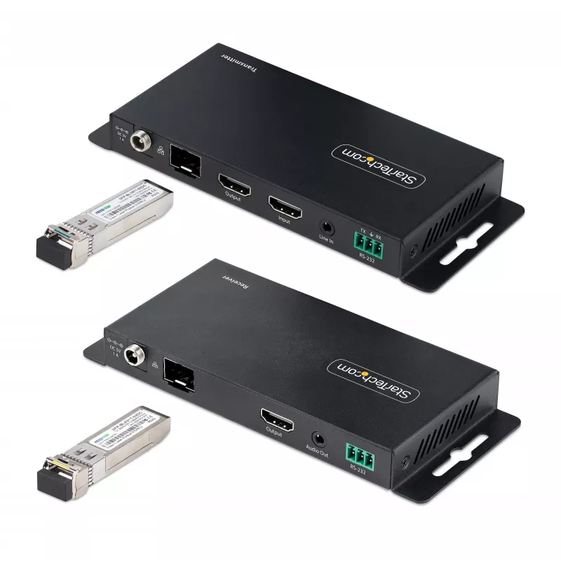 StarTech.com Zestaw przedłużacza HDMI przez światłowód 4K, 4K 60 Hz do 3300 stóp/1 km (jednomodowy) lub 1000 stóp/300 m (wielomodowy) złącze światłowodowe LC, HDR, HDCP, przedłużacz audio 3,5 mm/RS232/IR, zestaw nadajnika i odbiornika