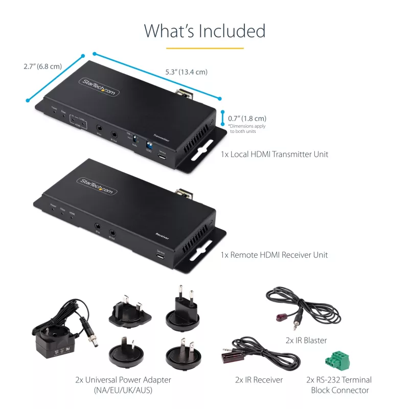 StarTech.com Zestaw przedłużacza HDMI przez światłowód 4K, 4K 60 Hz do 3300 stóp/1 km (jednomodowy) lub 1000 stóp/300 m (wielomodowy) złącze światłowodowe LC, HDR, HDCP, przedłużacz audio 3,5 mm/RS232/IR, zestaw nadajnika i odbiornika