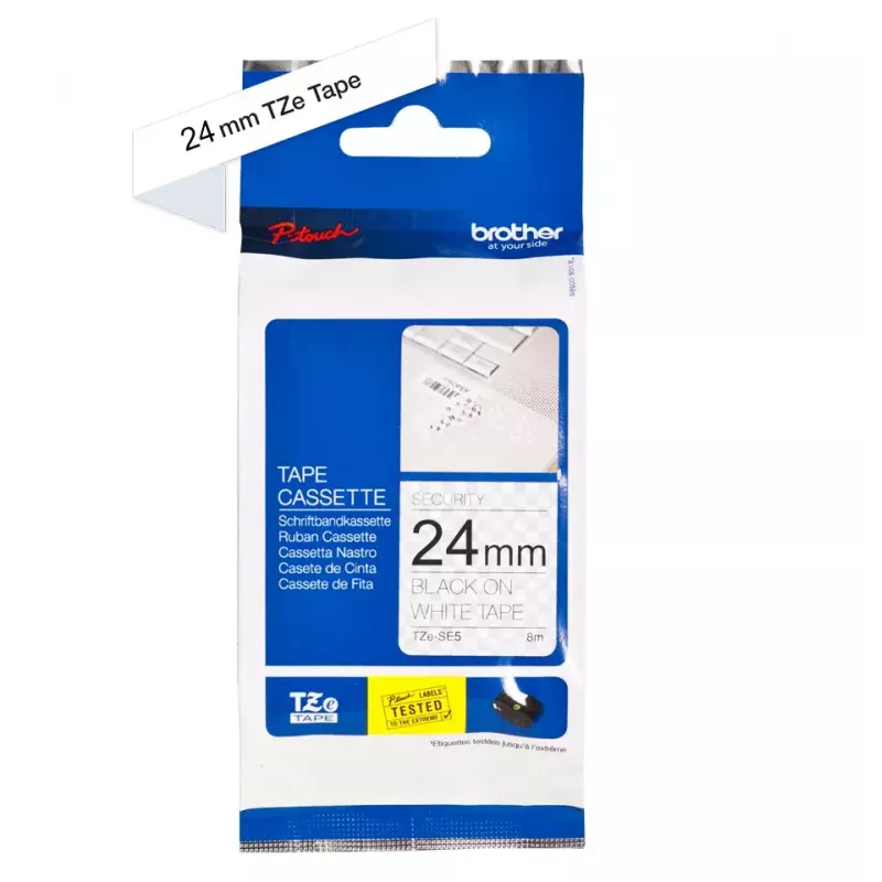 Taśma do etykieciarek Brother TZE-SE5 — 24 mm x 8 m, czarny na białym