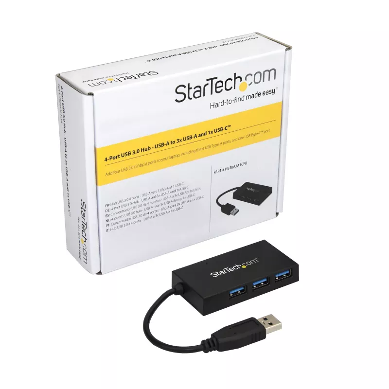 StarTech.com 4-portowy hub USB 3.0 – Hub USB Type-A z 1 portem USB-C i 3 portami USB-A (SuperSpeed 5 Gb/s) – zasilany przez magistralę USB – adapter hub USB 3.2 Gen 1 – przenośny hub USB do laptopa