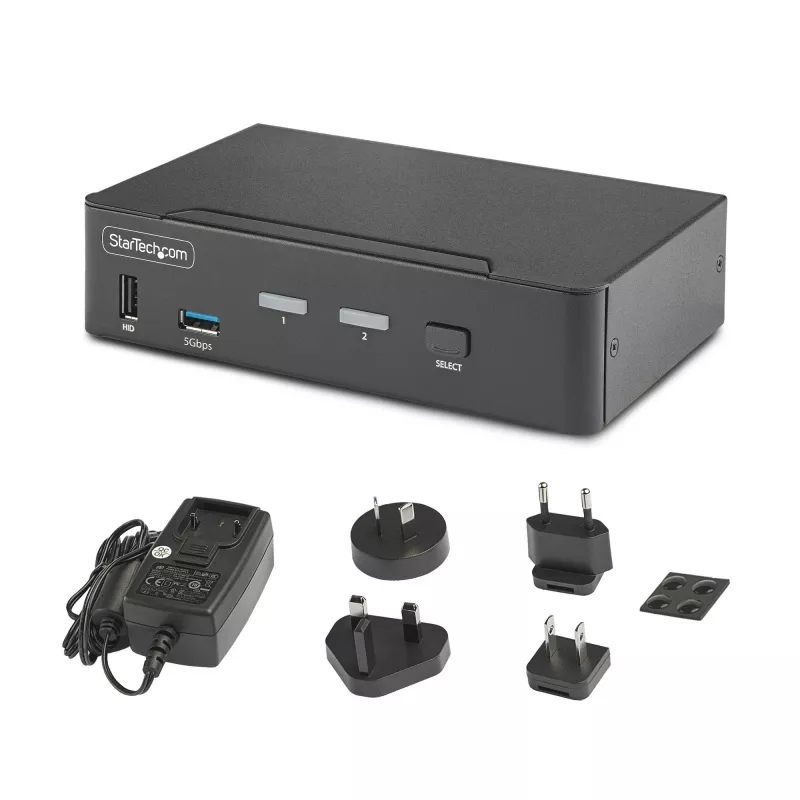 StarTech.com 2-Portowy Przełącznik KVM DisplayPort, 8K 60Hz / 4K 144Hz, Pojedynczy Wyświetlacz, DP 1.4, 2x Porty USB 3.0, 4x Porty USB 2.0 HID, Przełączanie Przyciskiem i Skrótami Klawiszowymi, Zgodny z TAA - Niezależny od Systemu Operacyjnego, Metalowa Obudowa