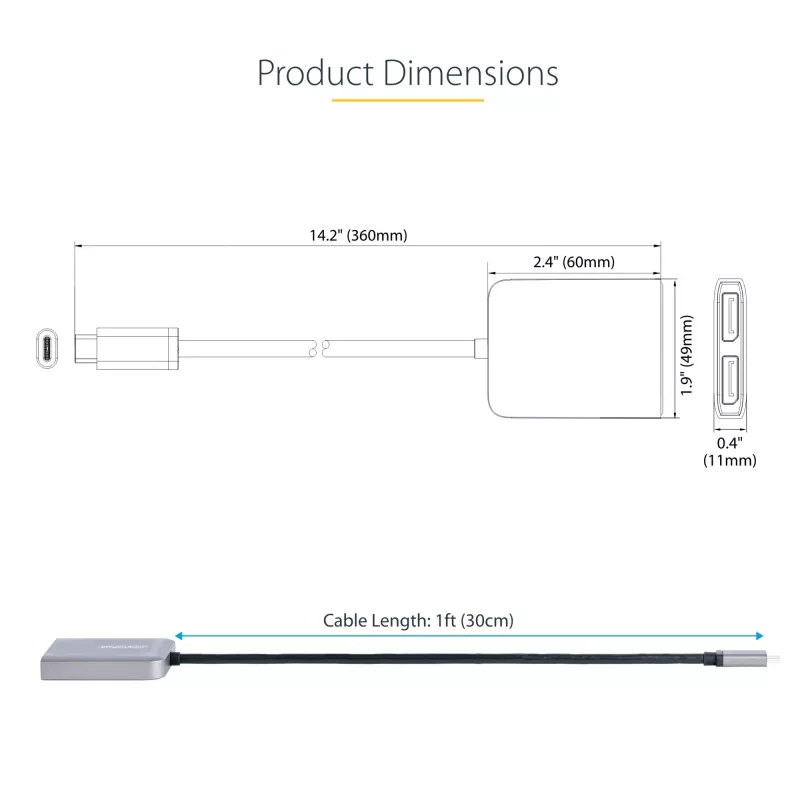 StarTech.com Adapter USB-C na dwa Displayport 1.4, Hub MST multi-monitor USB Typu-C, Rozdzielacz/przedłużacz ekranu laptopa Dual 5K 60Hz DP, HDR, Wyjątkowo długi wbudowany kabel - Tylko Windows