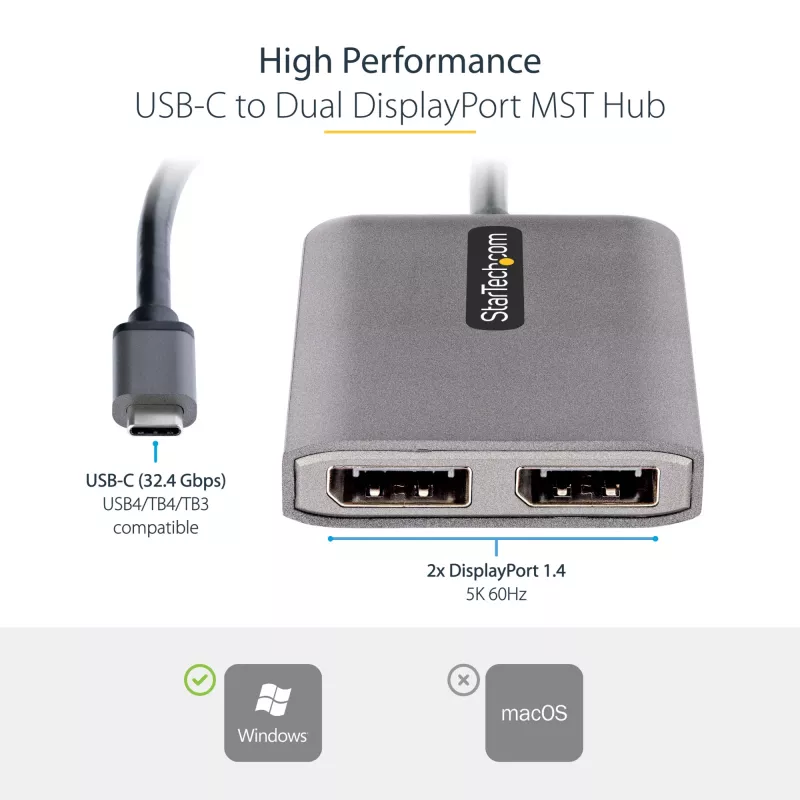 StarTech.com Adapter USB-C na dwa Displayport 1.4, Hub MST multi-monitor USB Typu-C, Rozdzielacz/przedłużacz ekranu laptopa Dual 5K 60Hz DP, HDR, Wyjątkowo długi wbudowany kabel - Tylko Windows