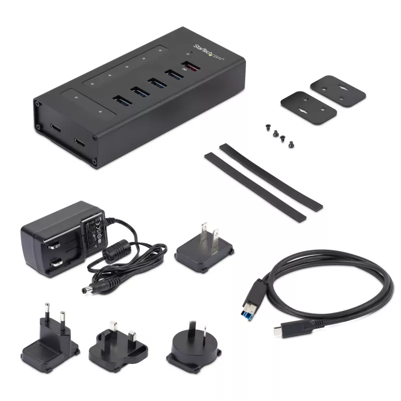 StarTech.com 7-portowy hub USB-C - USB typu C do 2x USB-C/5x USB-A - Komercyjny metalowy hub USB 3.0 - SuperSpeed USB 3.2 Gen 1 (5 Gb/s) - Zasilany samodzielnie - Szybkie ładowanie BC 1.2 - Możliwość montażu/Wytrzymały