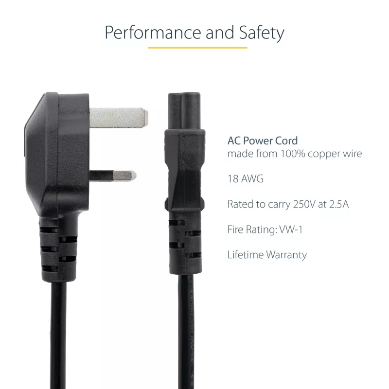 StarTech.com 3ft (1m) UK Laptop przewód zasilający, BS 1363 to C5 (Clover Leaf), 2.5A 250V, 18AWG, UK Laptop Replacement Cord, Printer przewód zasilający, Laptop Charger Cord, Laptop Power Brick Cord