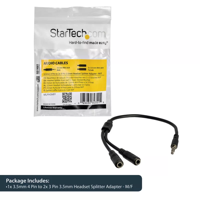 StarTech.com Adapter do zestawów słuchawkowych z oddzielnymi wtyczkami słuchawek i mikrofonu – 3,5 mm 4-pozycyjny na 2x 3-pozycyjny 3,5 mm M/Ż
