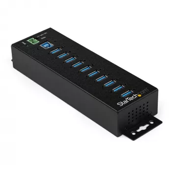 StarTech.com 10-portowy hub USB 3.0 z zasilaczem - Metalowy przemysłowy hub USB-A z ESD i ochroną przeciwprzepięciową 350 W - Możliwość montażu na szynie DIN/ścianie/biurku - Szybki hub USB 3.2 Gen 1 (5 Gb/s)