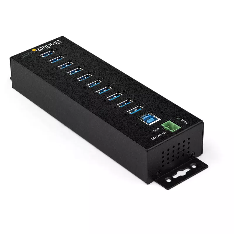 StarTech.com 10-portowy hub USB 3.0 z zasilaczem - Metalowy przemysłowy hub USB-A z ESD i ochroną przeciwprzepięciową 350 W - Możliwość montażu na szynie DIN/ścianie/biurku - Szybki hub USB 3.2 Gen 1 (5 Gb/s)