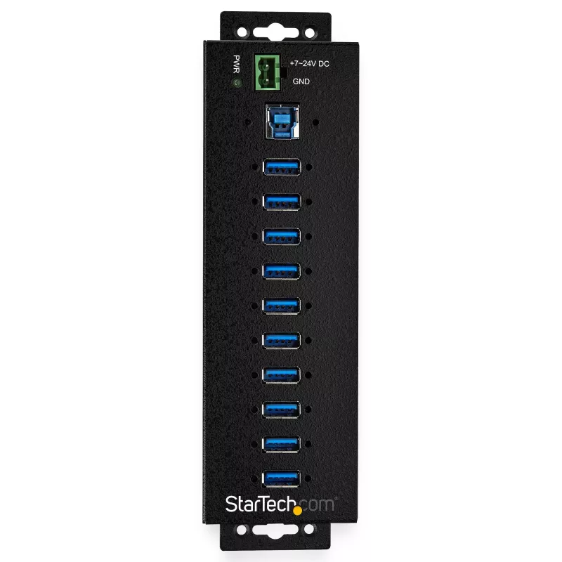 StarTech.com 10-portowy hub USB 3.0 z zasilaczem - Metalowy przemysłowy hub USB-A z ESD i ochroną przeciwprzepięciową 350 W - Możliwość montażu na szynie DIN/ścianie/biurku - Szybki hub USB 3.2 Gen 1 (5 Gb/s)