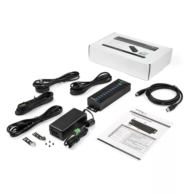 StarTech.com 10-portowy hub USB 3.0 z zasilaczem - Metalowy przemysłowy hub USB-A z ESD i ochroną przeciwprzepięciową 350 W - Możliwość montażu na szynie DIN/ścianie/biurku - Szybki hub USB 3.2 Gen 1 (5 Gb/s)