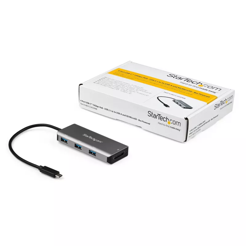StarTech.com 3-portowy hub USB C 10 Gb/s z czytnikiem kart SD – 3x USB-A i 1 gniazdo SD – przenośny adapter USB 3.1/3.2 Gen 2 Type-C – hub do laptopa – zasilany przez USB – kompatybilny z Thunderbolt 3