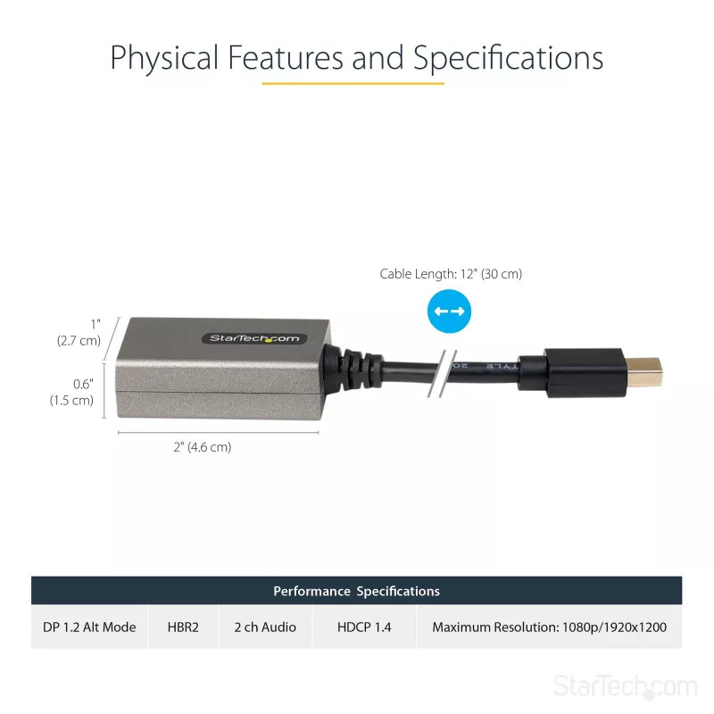 StarTech.com Mini DisplayPort do HDMI Adapter - mDP do HDMI Adapter Dongle - 1080p - Mini DisplayPort 1.2 do HDMI Monitor/Wyświetlacz - Mini DP do HDMI Konwerter Wideo - 12 cali długości dołączony kabel - Ulepszona wersja MDP2HDMI