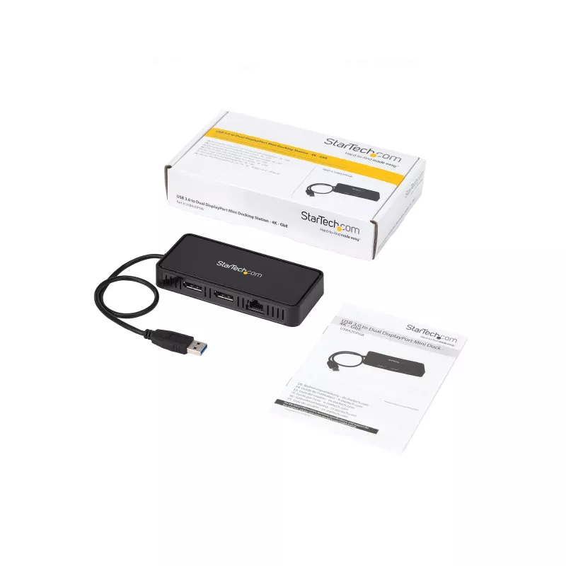 StarTech.com USB 3.0 Mini Dock - stacja dokująca z dwoma monitorami USB-A z DisplayPort 4K 60Hz i Gigabit Ethernet - kabel 30 cm - przenośny adapter do laptopa USB 3.1 Gen 1 Type-A