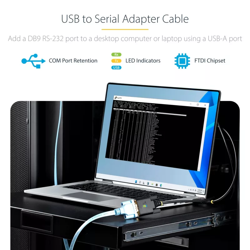 StarTech.com 10ft (3m) adapter kablowya USB na szeregowy, zachowanie COM, wymienne śruby/nakrętki, USB-A na DB9 RS232, układ FTDI, ochrona ESD, Windows/macOS/Linux