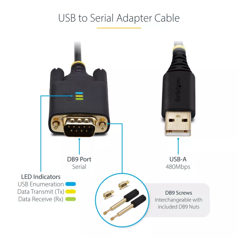 StarTech.com 10ft (3m) adapter kablowya USB na szeregowy, zachowanie COM, wymienne śruby/nakrętki, USB-A na DB9 RS232, układ FTDI, ochrona ESD, Windows/macOS/Linux