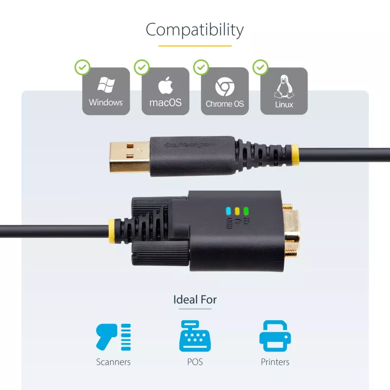 StarTech.com 10ft (3m) adapter kablowya USB na szeregowy, zachowanie COM, wymienne śruby/nakrętki, USB-A na DB9 RS232, układ FTDI, ochrona ESD, Windows/macOS/Linux