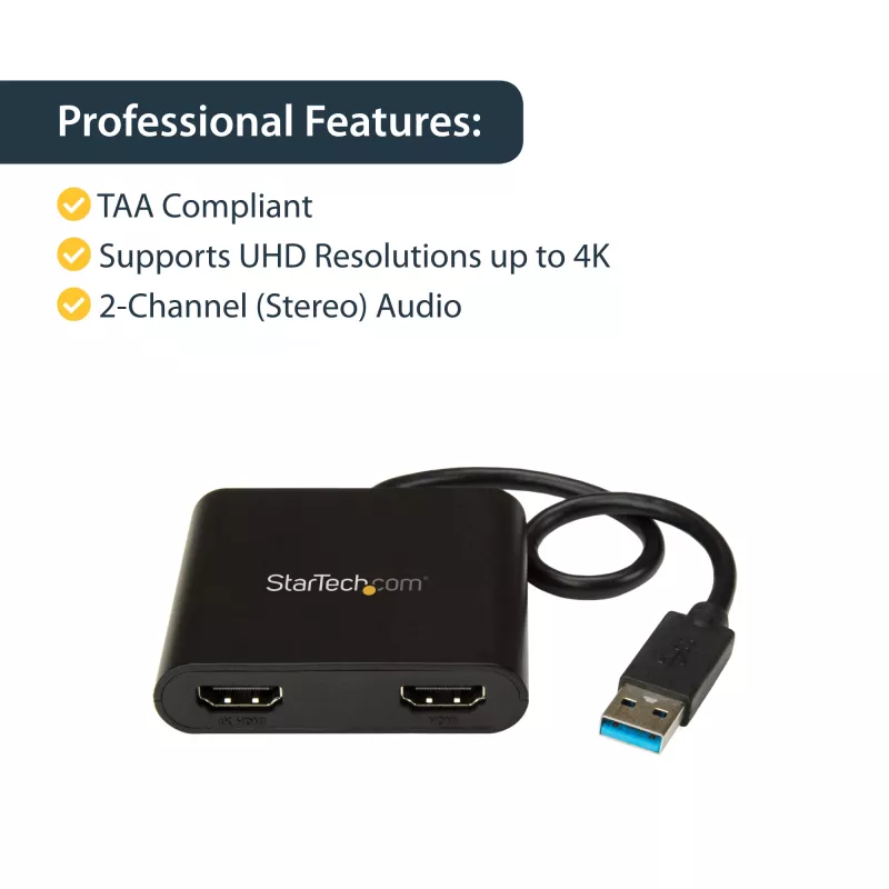 StarTech.com Adapter USB 3.0 do dwóch HDMI, Konwerter monitora USB na 2x HDMI dla Windows (brak wsparcia dla macOS/ChromeOS/Linux) - TAA