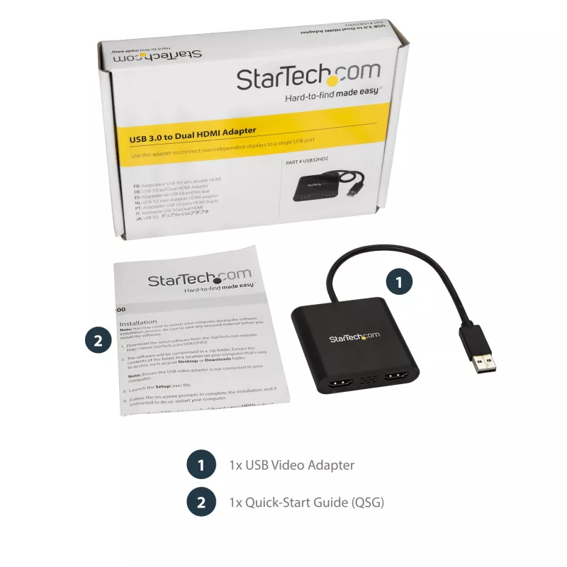StarTech.com Adapter USB 3.0 do dwóch HDMI, Konwerter monitora USB na 2x HDMI dla Windows (brak wsparcia dla macOS/ChromeOS/Linux) - TAA