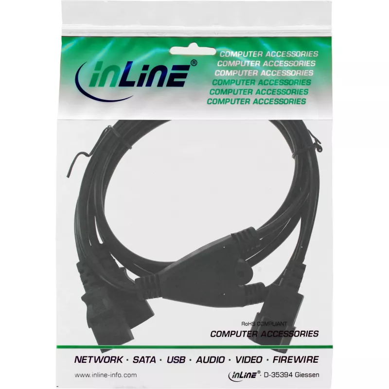 Kabel Y zasilający InLine typ F 1x IEC-C14 na 2x IEC-C13 1 m