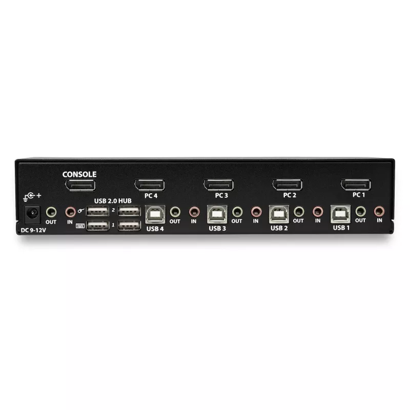 StarTech.com 4-portowy przełącznik KVM DisplayPort - 4K 60Hz - Pojedynczy wyświetlacz - Dwuwejściowy przełącznik KVM UHD DP 1.2 USB ze zintegrowanym hubem USB 2.0 i dźwiękiem - Dell, HP, Apple, Lenovo - zgodny z TAA