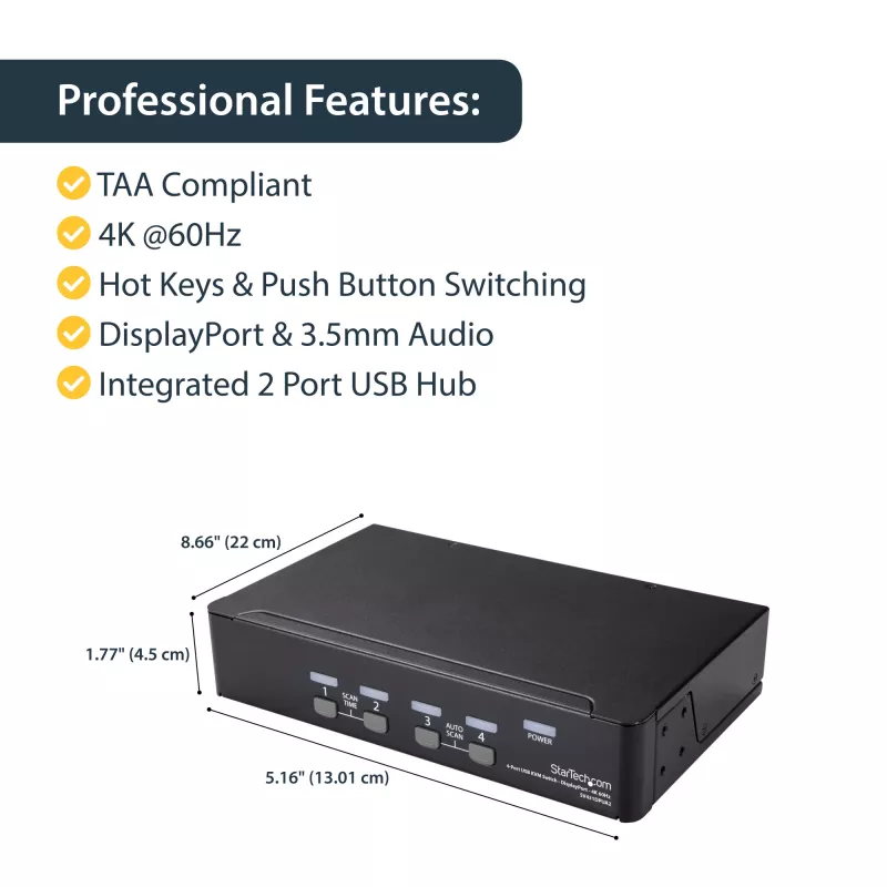StarTech.com 4-portowy przełącznik KVM DisplayPort - 4K 60Hz - Pojedynczy wyświetlacz - Dwuwejściowy przełącznik KVM UHD DP 1.2 USB ze zintegrowanym hubem USB 2.0 i dźwiękiem - Dell, HP, Apple, Lenovo - zgodny z TAA
