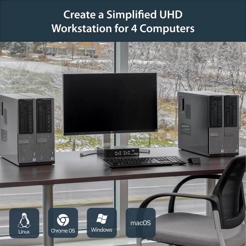StarTech.com 4-portowy przełącznik KVM DisplayPort - 4K 60Hz - Pojedynczy wyświetlacz - Dwuwejściowy przełącznik KVM UHD DP 1.2 USB ze zintegrowanym hubem USB 2.0 i dźwiękiem - Dell, HP, Apple, Lenovo - zgodny z TAA