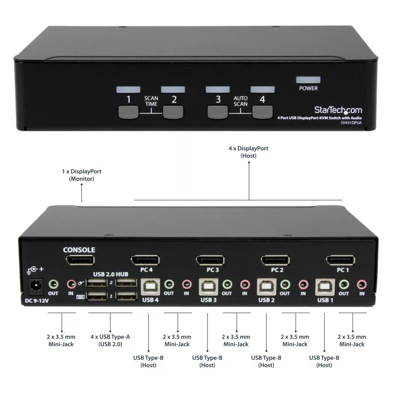 StarTech.com 4-portowy przełącznik KVM DisplayPort - 4K 60Hz - Pojedynczy wyświetlacz - Dwuwejściowy przełącznik KVM UHD DP 1.2 USB ze zintegrowanym hubem USB 2.0 i dźwiękiem - Dell, HP, Apple, Lenovo - zgodny z TAA