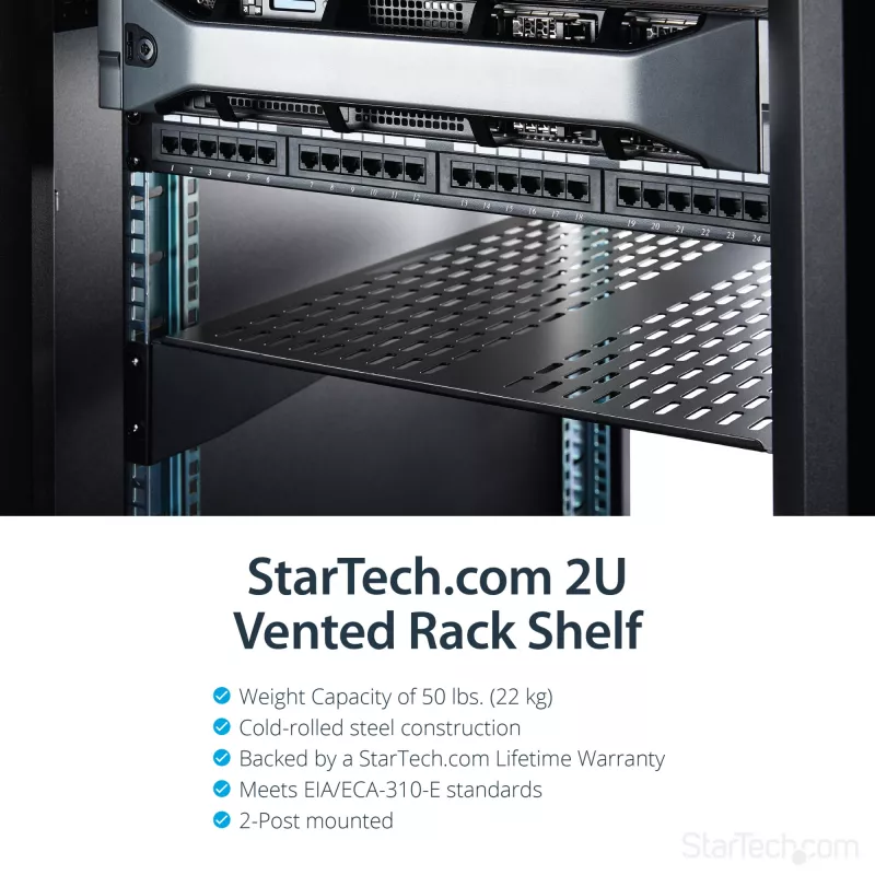StarTech.com 2U Serwerowa Półka Rack - Uniwersalna Wentylowana Półka Wspornikowa do Montażu w Szafie Rack 19 cali - Wytrzymała Stal – Udźwig 50lb/23kg - Półka o Głębokości 22 cale, Czarna
