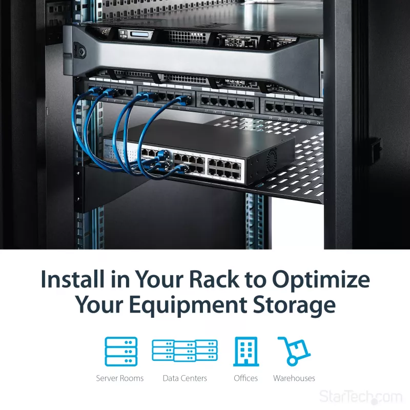 StarTech.com 2U Serwerowa Półka Rack - Uniwersalna Wentylowana Półka Wspornikowa do Montażu w Szafie Rack 19 cali - Wytrzymała Stal – Udźwig 50lb/23kg - Półka o Głębokości 22 cale, Czarna