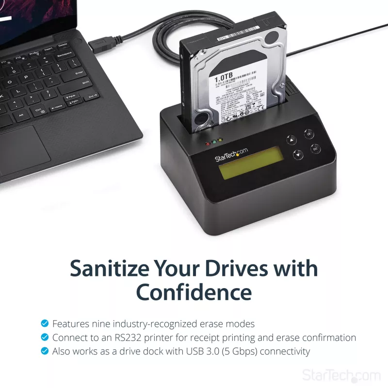 StarTech.com Jednokieszeniowa kasowarka do dysków twardych, samodzielny dezynfektor HDD/SSD, USB 3.0 do SATA II (3 Gb/s), 9 trybów kasowania, wyświetlacz LCD, stacja dokująca do bezpiecznego kasowania dysków twardych, port drukarki DB-9, zgodność z TAA