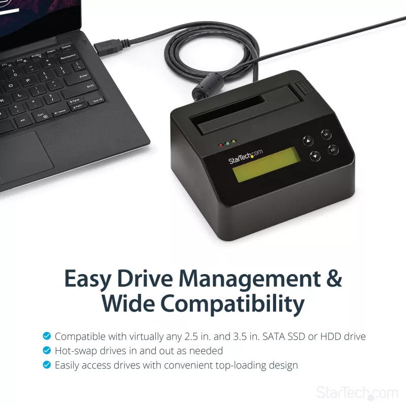 StarTech.com Jednokieszeniowa kasowarka do dysków twardych, samodzielny dezynfektor HDD/SSD, USB 3.0 do SATA II (3 Gb/s), 9 trybów kasowania, wyświetlacz LCD, stacja dokująca do bezpiecznego kasowania dysków twardych, port drukarki DB-9, zgodność z TAA